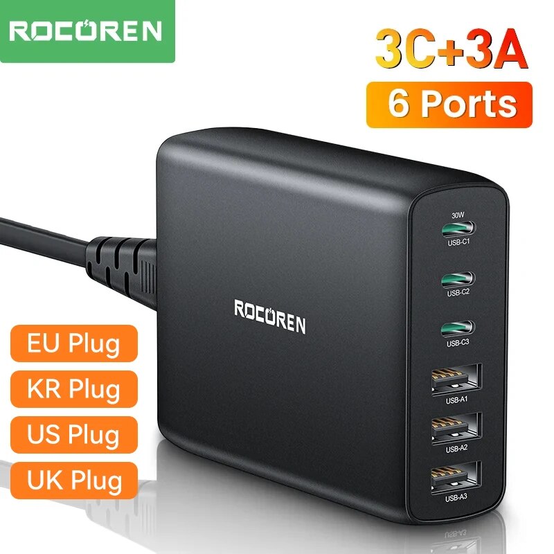 [Taxa Inclusa/ Gpay R$107] Carregador Rápido Multi 100W (3 entradas USB-A e 3 entradas USB-C) - Rocoren