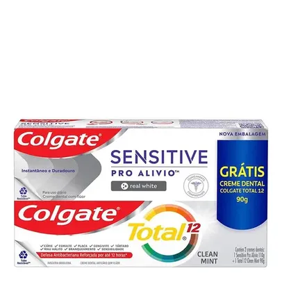 [KIT 2 PASTAS DE DENTE] Pasta de Dente COLGATE Sensitive Pro-Alívio Real White 110g + Paste de Dente COLGATE Total 12 90g