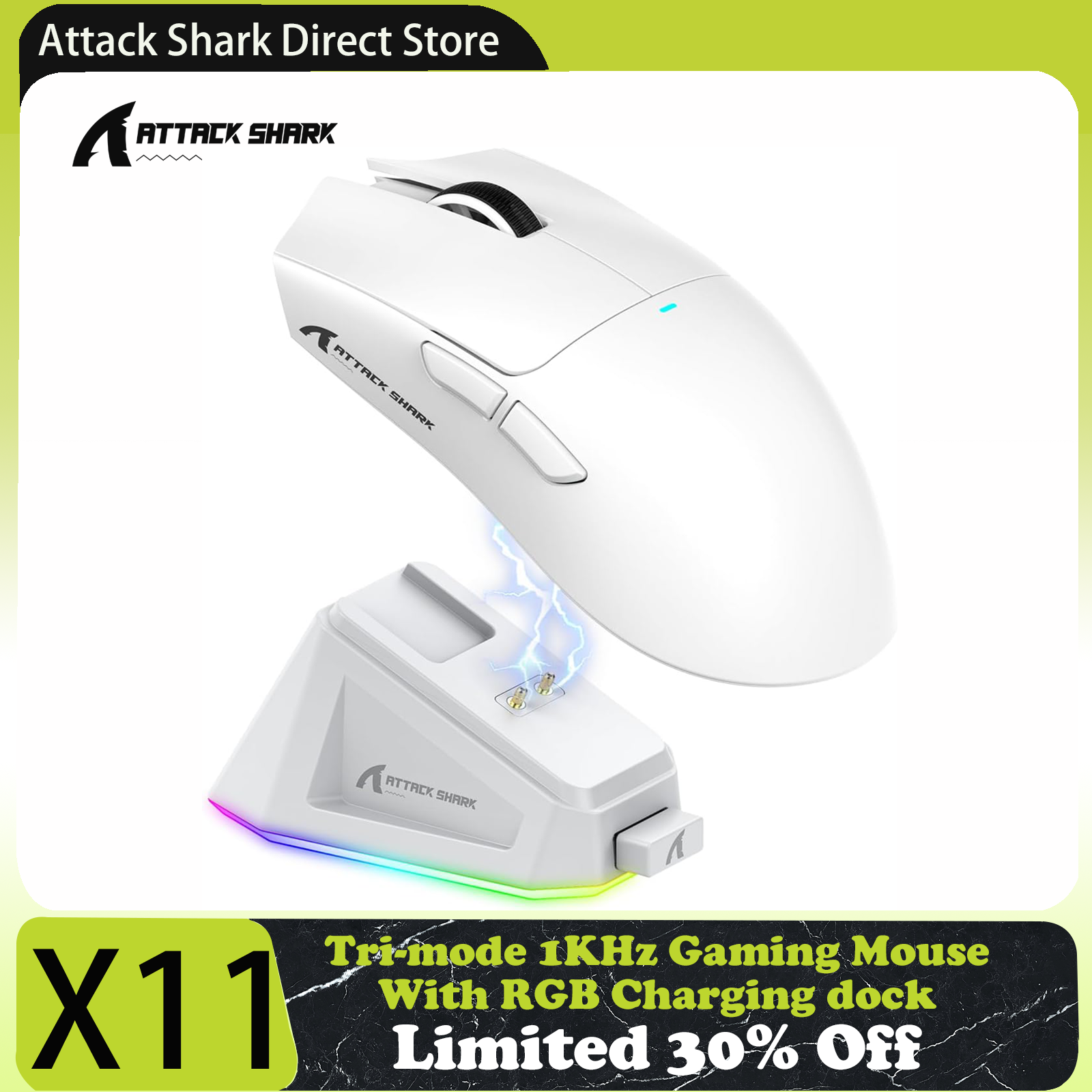 (Moedas) Mouse Wireless Attack Shark X11 Sem Fio com Dock de Carregamento PAW3311 3 Conexões