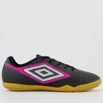 Chuteira UMBRO Cannon Futsal Preta e Rosa ("ative os 5% DE DESCONTO" logo abaixo do PREÇO)