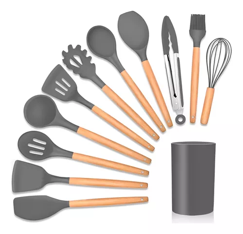 Conjunto 12 Utensílios De Cozinha Silicone E Cabo De Madeira