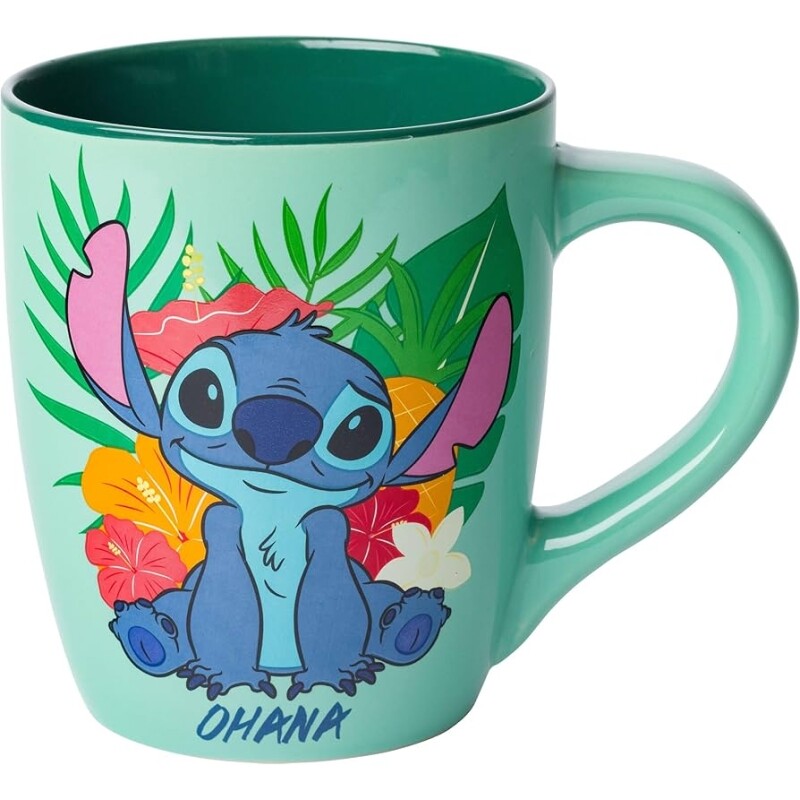 Caneca de Cerâmica Silver Buffalo Lilo And Stitch Curvada Jumbo Tropical Ohana Sentada - 740ml