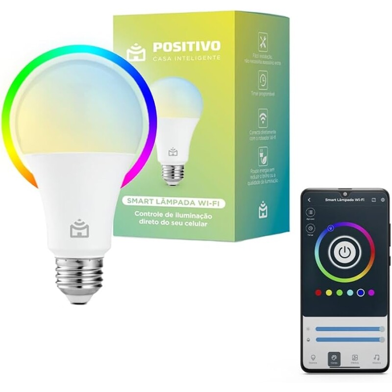 Smart Lâmpada Wi-Fi Positivo Casa Inteligente Branco Quente e Frio RGB LED 9W Bivolt- Compatível com Google e Alexa