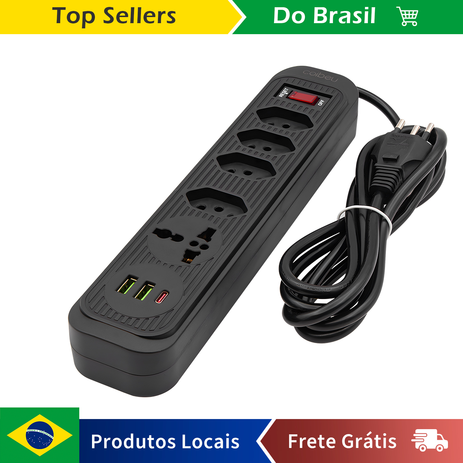 [ Do Brasil | APP | MOEDAS R$ 27 ] Extensão 4 Tomadas BR, 1 Tomafa universal, 3 Portas Usb 2 Metros