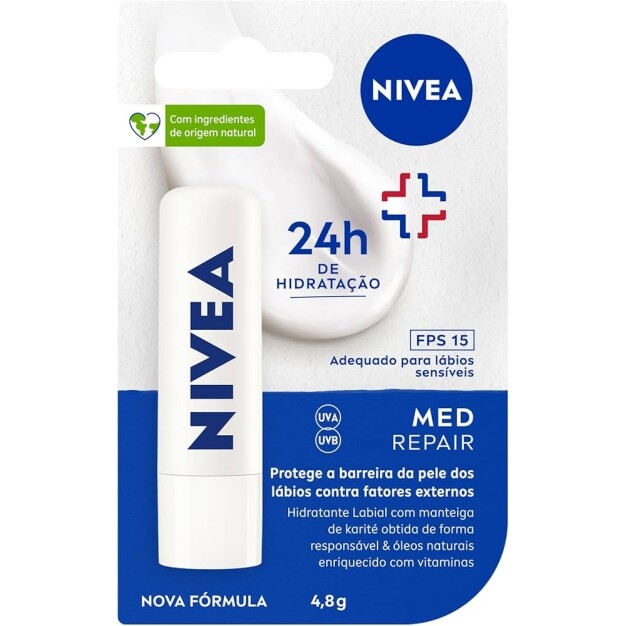 NIVEA Protetor Labial Med Repair FPS15 48g - Hidrata e regenera os lábios ressecados e machucados com Vitamina E e óle