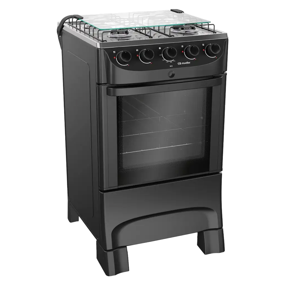 Fogão Mueller Mfi4bb 4 Bocas Automático Mesa De Inox Forno 48,1L - Preto Fosco - Bivolt