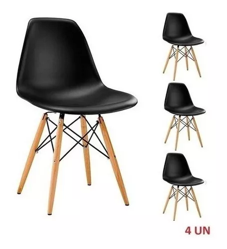 Jogo 4 Cadeiras Charle Eames Wood Eiffel Sala Cozinha Cor da estrutura da cadeira Preto