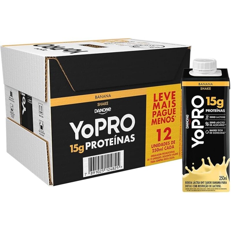 12 Unidades Bebida Láctea YoPRO Banana Sem Lactose - Zero Açúcar 250ml