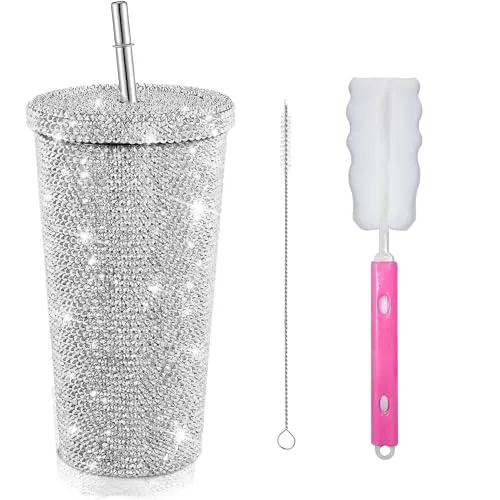 Garrafa de água de aço inoxidável com tampa de strass e canudo, o melhor presente para mulheres (750 ML Branco)