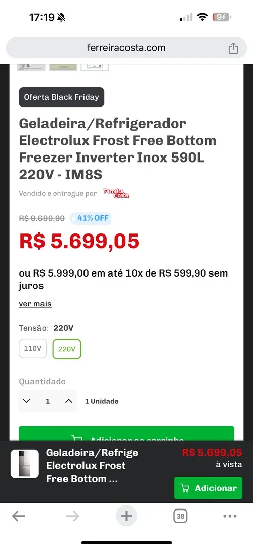 Geladeira/Refrigerador Electrolux Frost Free Bottom Freezer Inverter Inox 590L 220V - IM8S