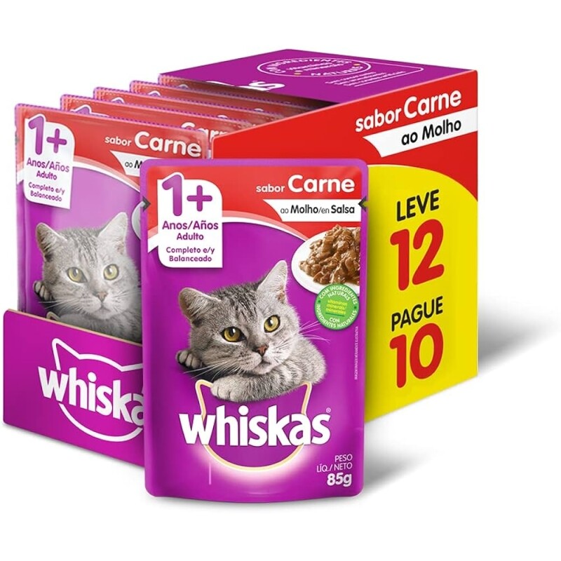 Ração Úmida Whiskas Sachê Carne Ao Molho Para Gatos Adultos - Leve 12 Pague 10