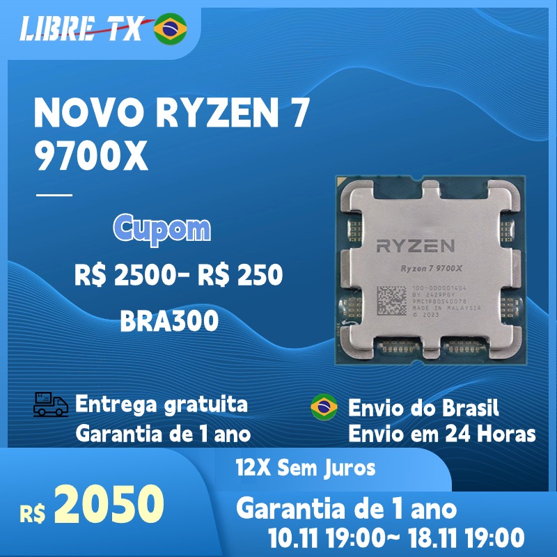 Processador AMD Ryzen 7 9700X, 8-Core, 16-Threads, 3.8GHz (5.5GHz Turbo), Cache 40MB, AM5