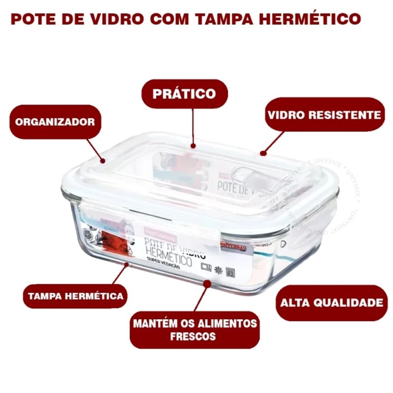 Kit 5 Potes Vidro Hermético Retangular 340ml