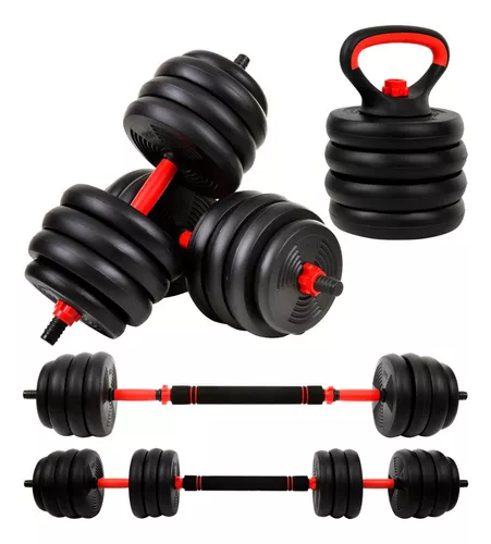 Kit Halteres 6 Em 1 Peso Musculação Até 40kg Ajustável Halter Kettlebell Anilha Cor Preto-Vermelho