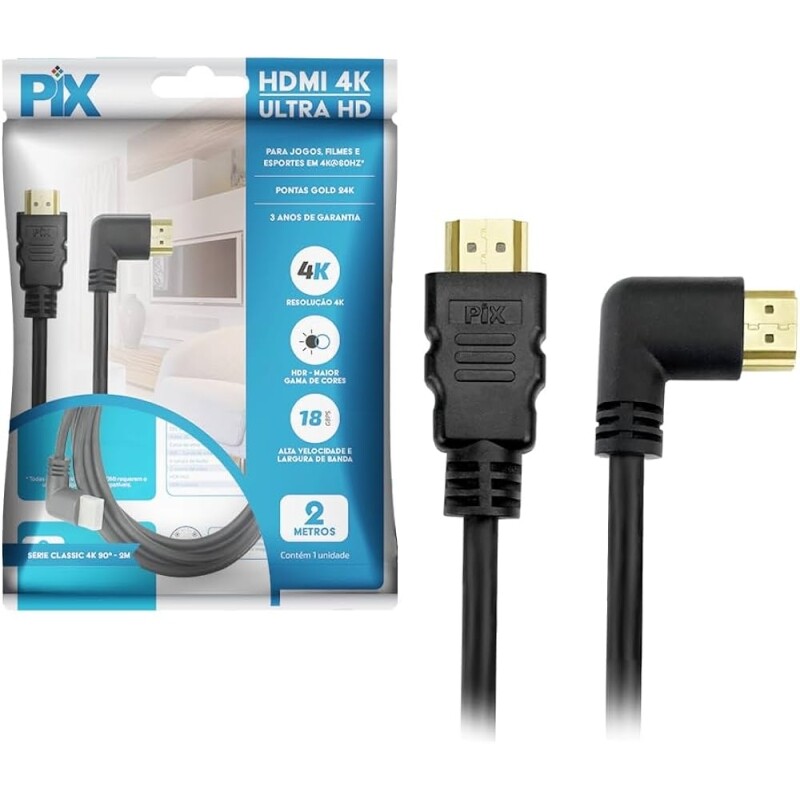 Cabo HDMI 2.0 4K 19 Pinos Plug 90° 2 Metros