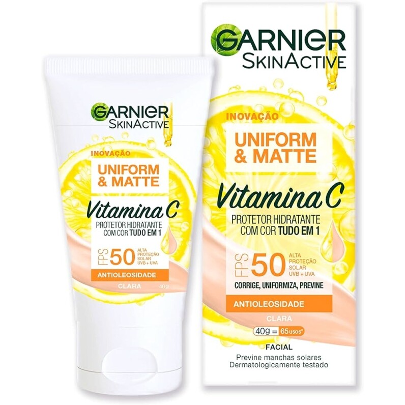 Garnier Protetor Solar Hidratante Efeito Matte FPS50 Uniform & Matte Antioleosidade com Vitamina C 40g Cor Clara