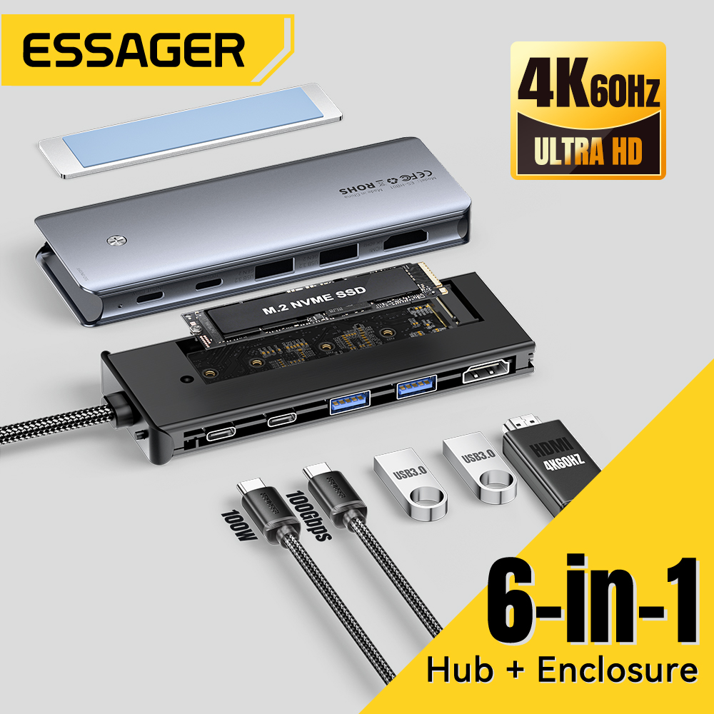 Hub Usb Essager 7 in 1 com 2Usb C + 2Usb A + HDMI + Leitor SSD