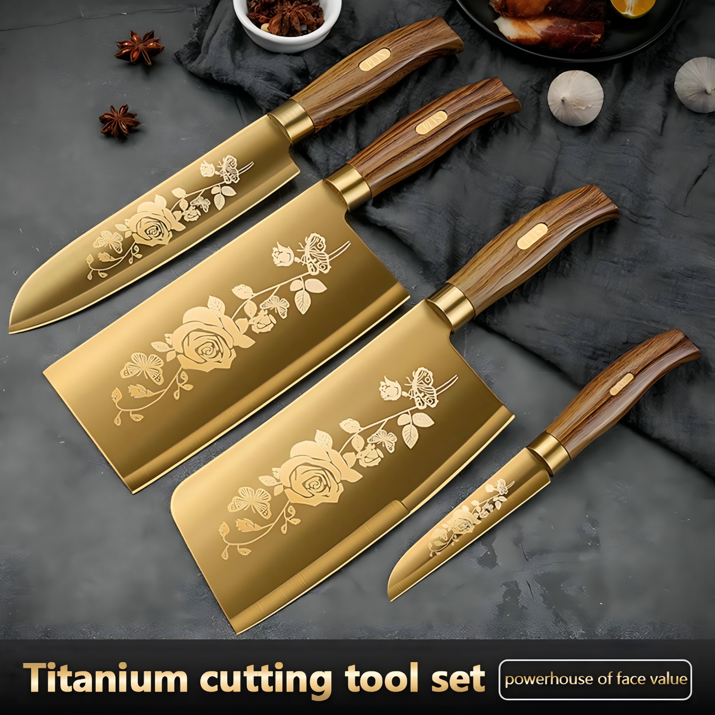 [APP] Faca de cozinha em aço inoxidável Seiko Lâmina banhada a ouro Deluxe Gold Knife, Faca do Chef