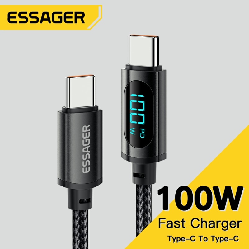 [3 UNIDADES/R$ 32 GPAY/TAXA INCLUSA] Essager Cabo Tipo-C 100W PD, Com Visor Digital, Carregamento Super Rápido, Para iOS e Android