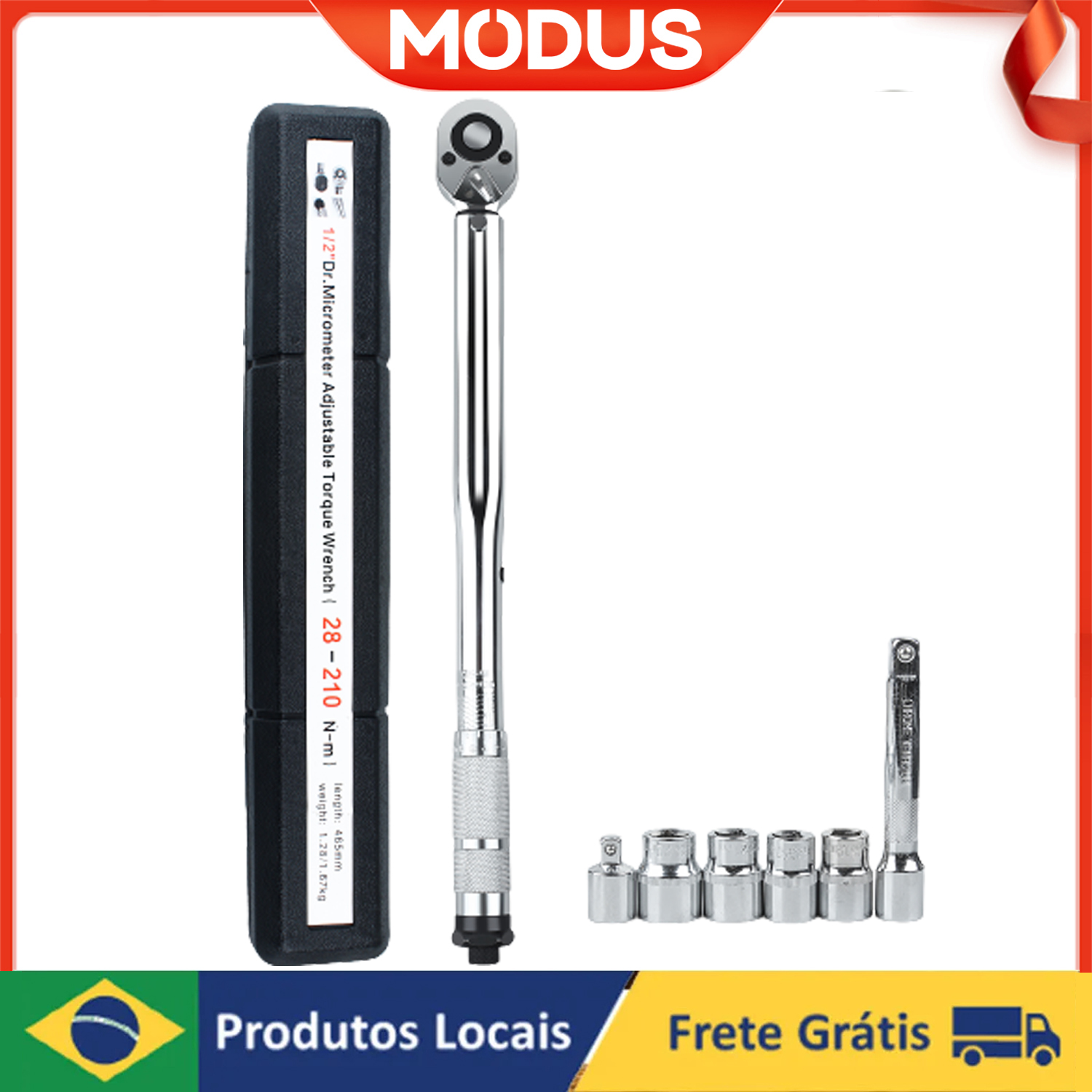 [R$ 82,70 MOEDAS/GPay/APP/NO BRASIL] Kit Torquimetro De Estalo 1/2, 3/8 Pol ,28-210Nm Cr-mo Reversível + 7 acessórios MODUS