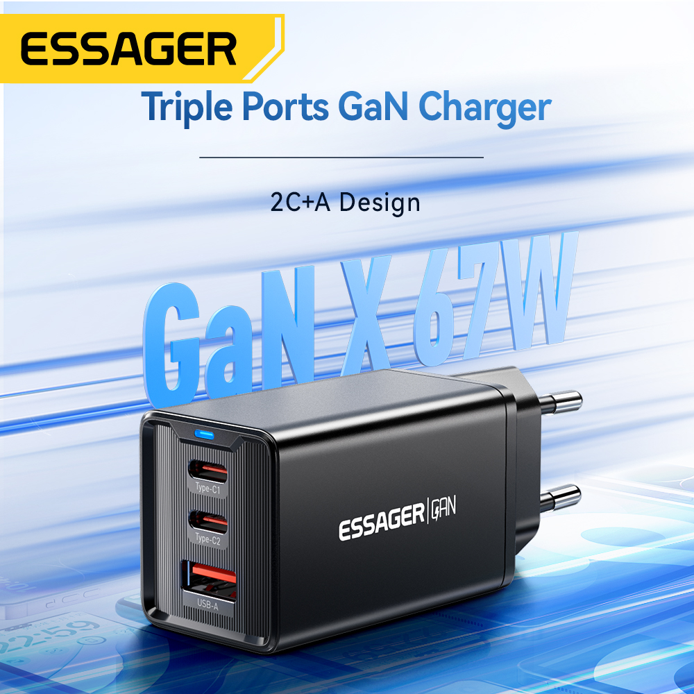 [3 UNIDADES/R$ 116 GPAY/TAXA INCLUSA] Essager Carregador 67W Gan, USB Tipo-C + A, PD, Carga Super Rápida QC3.0, Para iOS e Android