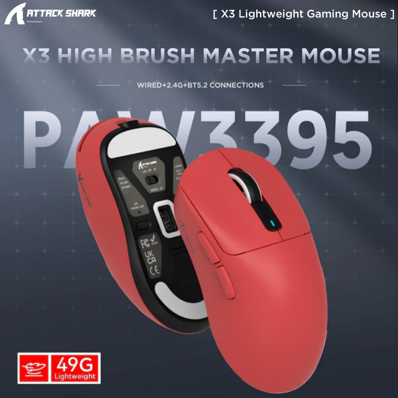 Mouse Bluetooth com Conexão Tri-Mode Sem Fio Mouse Macro Gaming Leve Tubarão de Ataque X3 PixArt PAW3395,26000dpi,2