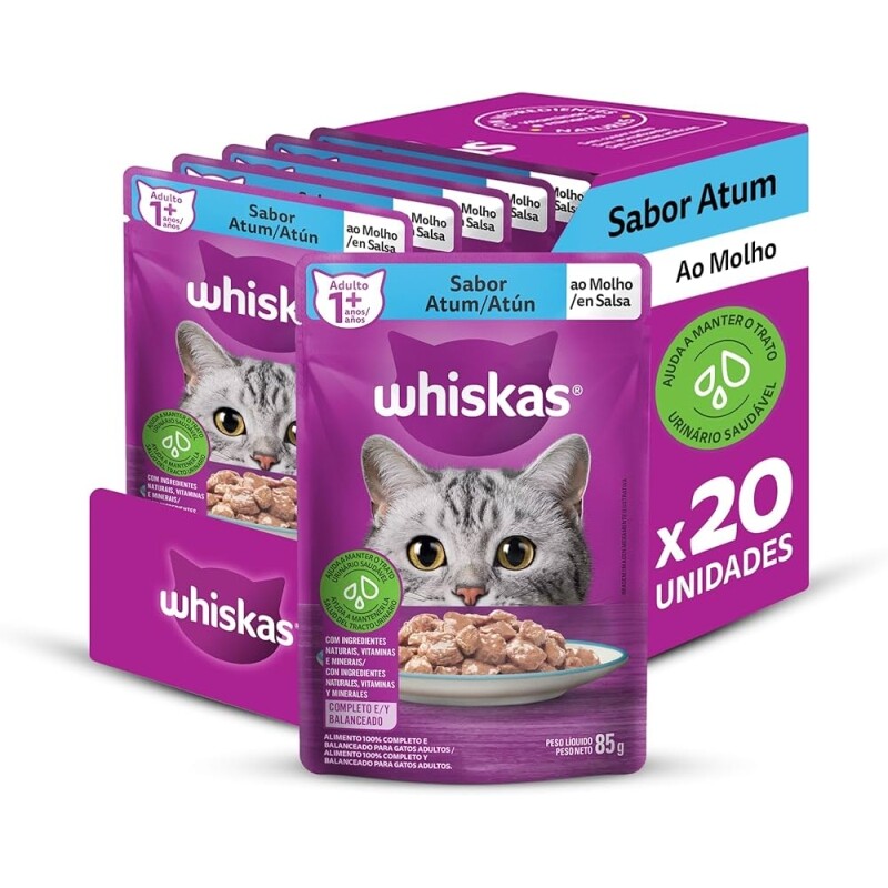 Pack Ração Úmida Whiskas Sachê Atum ao Molho para Gatos Adultos 85 g - 20 unidades