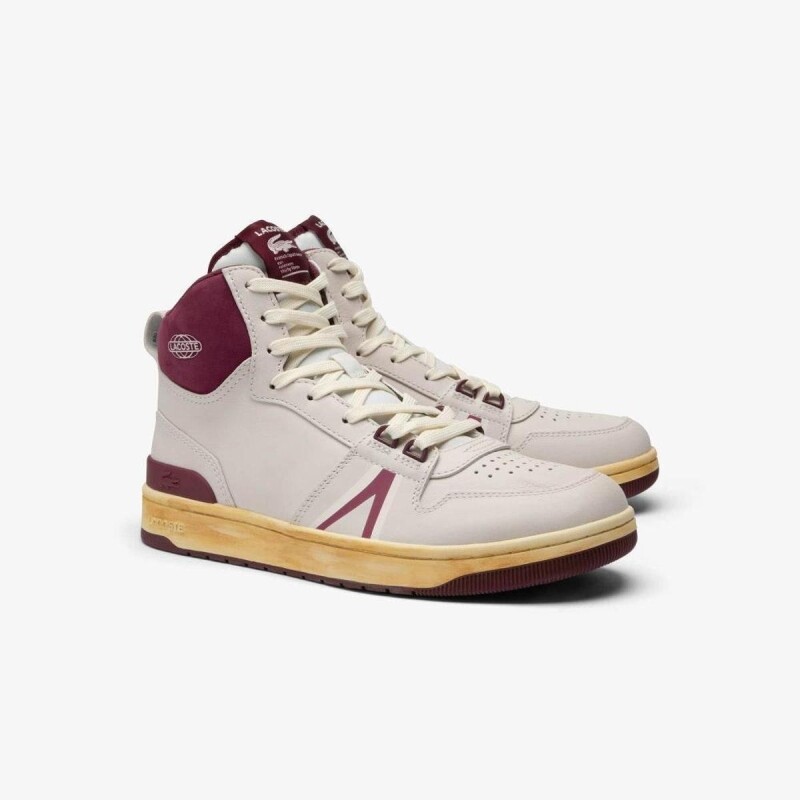 Tênis de Couro Lacoste Mid L001 com Contraste Masculino - Off White+Vinho