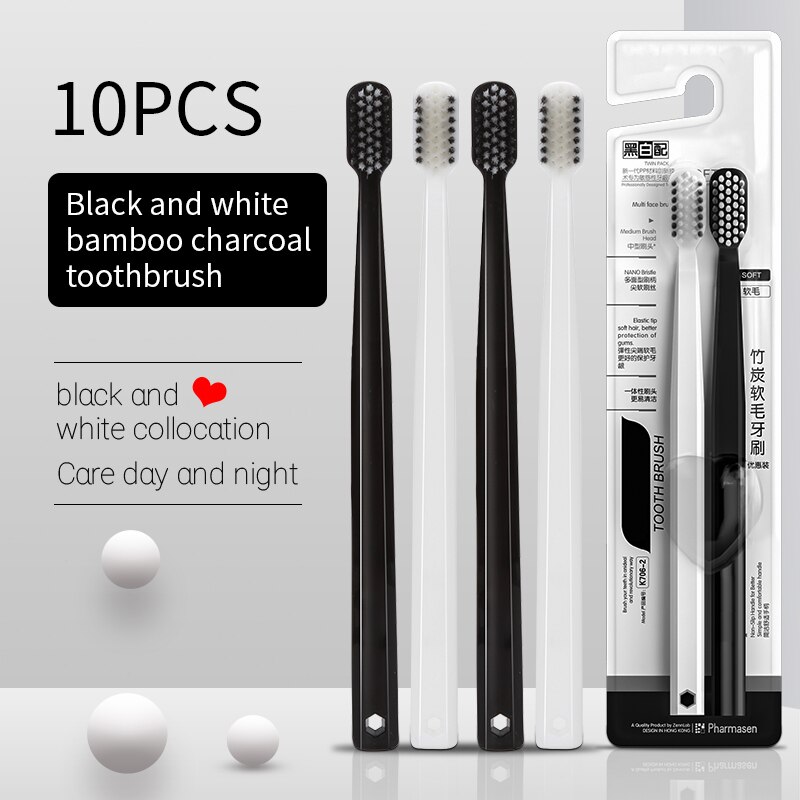 Escova de Dente Bambu Charcoal Toothbrushes Set Cerdas Macias 10 Pcs