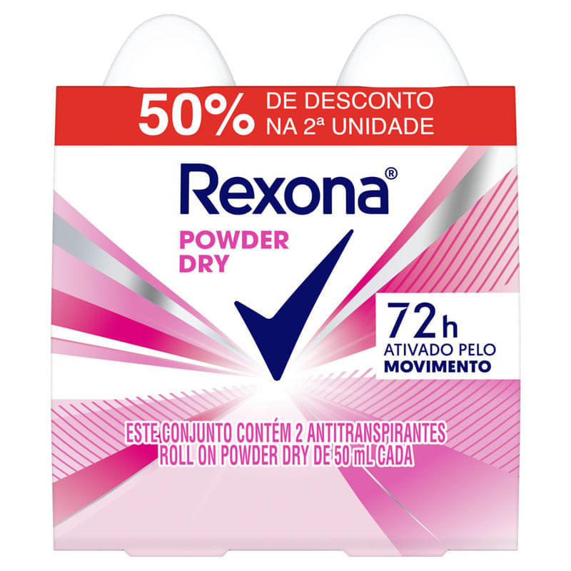 (R$5,39 cada) Kit Rexona Powder Dry Atitranspirante Roll On 2 Unidades 50ml Cada