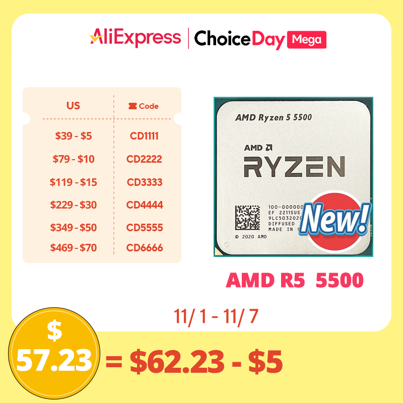 [Taxas inclusas][AMD-CPU]Processador Ryzen 5 5500 R5 5500 3,6 GHz com 6 núcleos e 12 thread, 7NM, L3 = 16M, soquete 100 AM4, novo sem fan