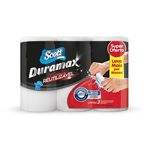 (PRIME) Scott Duramax Pano Reutilizável em Rolo, Branco, 174 Folhas (3 Unidades de 58 Folhas)