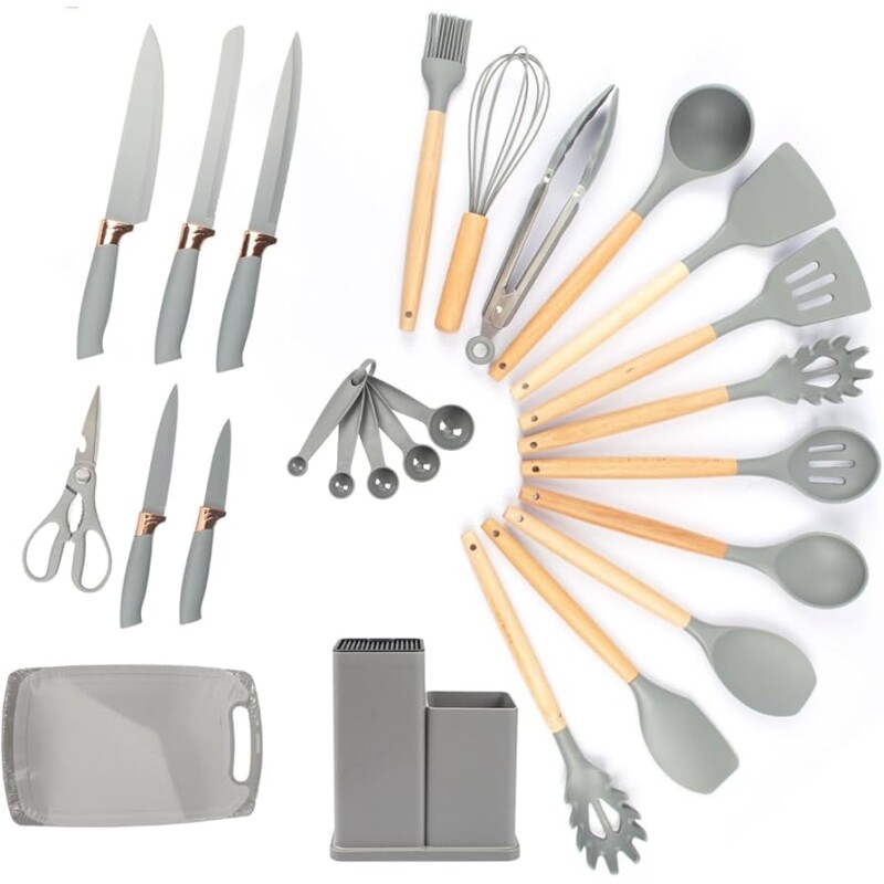 Kit 19 Utensílios De Cozinha Com Cabo De Madeira E Silicone (Cinza)