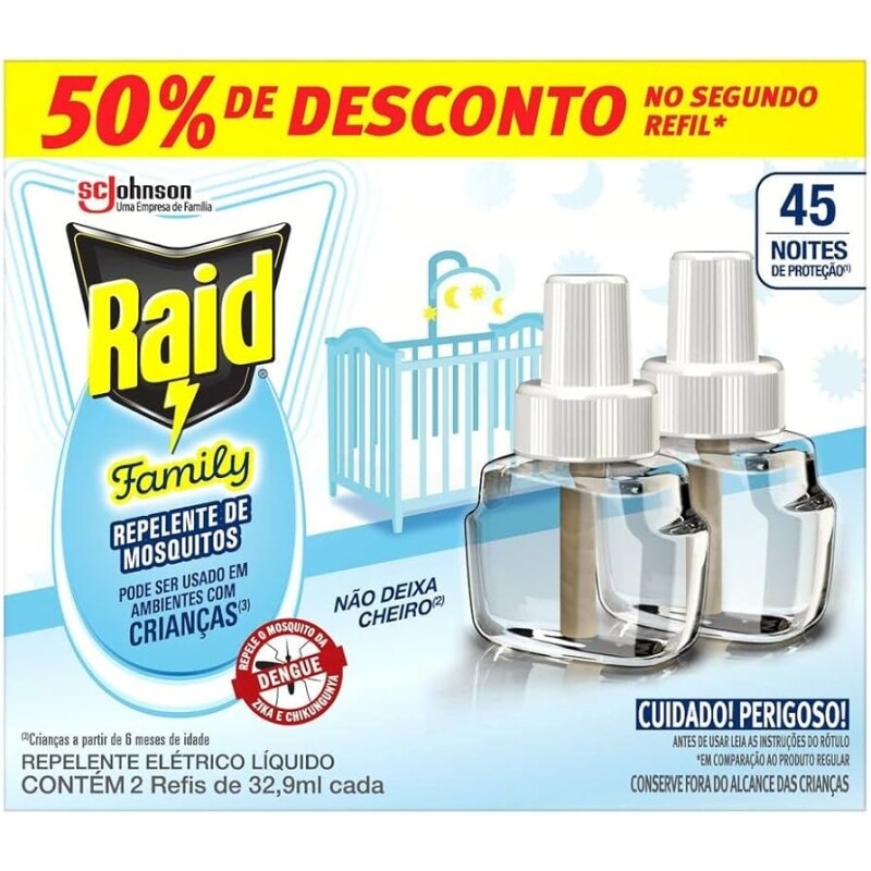 Raid Refil Líquido Repelente Elétrico 45 Noites Family 2 Unidades