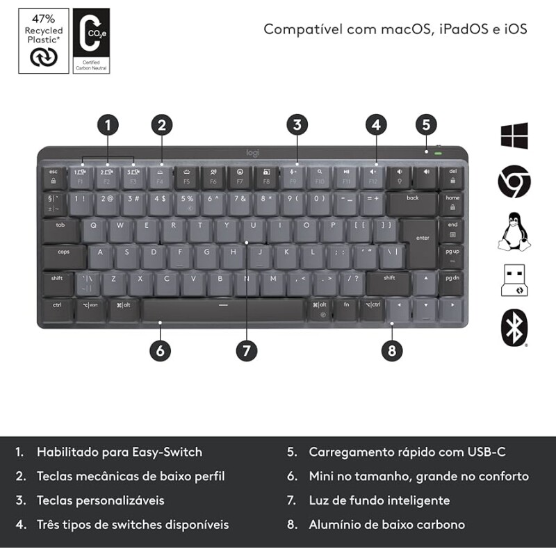 Teclado Mecânico sem fio Logitech MX Mechanical Mini com Teclas Retroiluminadas Tactile Quiet Conexão USB ou Bluetooth