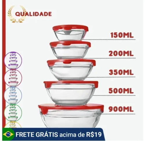 Conjunto 5 Potes Em Vidro Com Tampa Vasilhas Tigelas Bowls Marmita Para Armazenamento De Alimentos