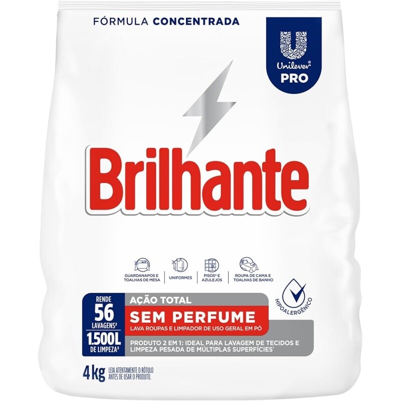 Detergente em Pó Brilhante Sem Perfume 4kg