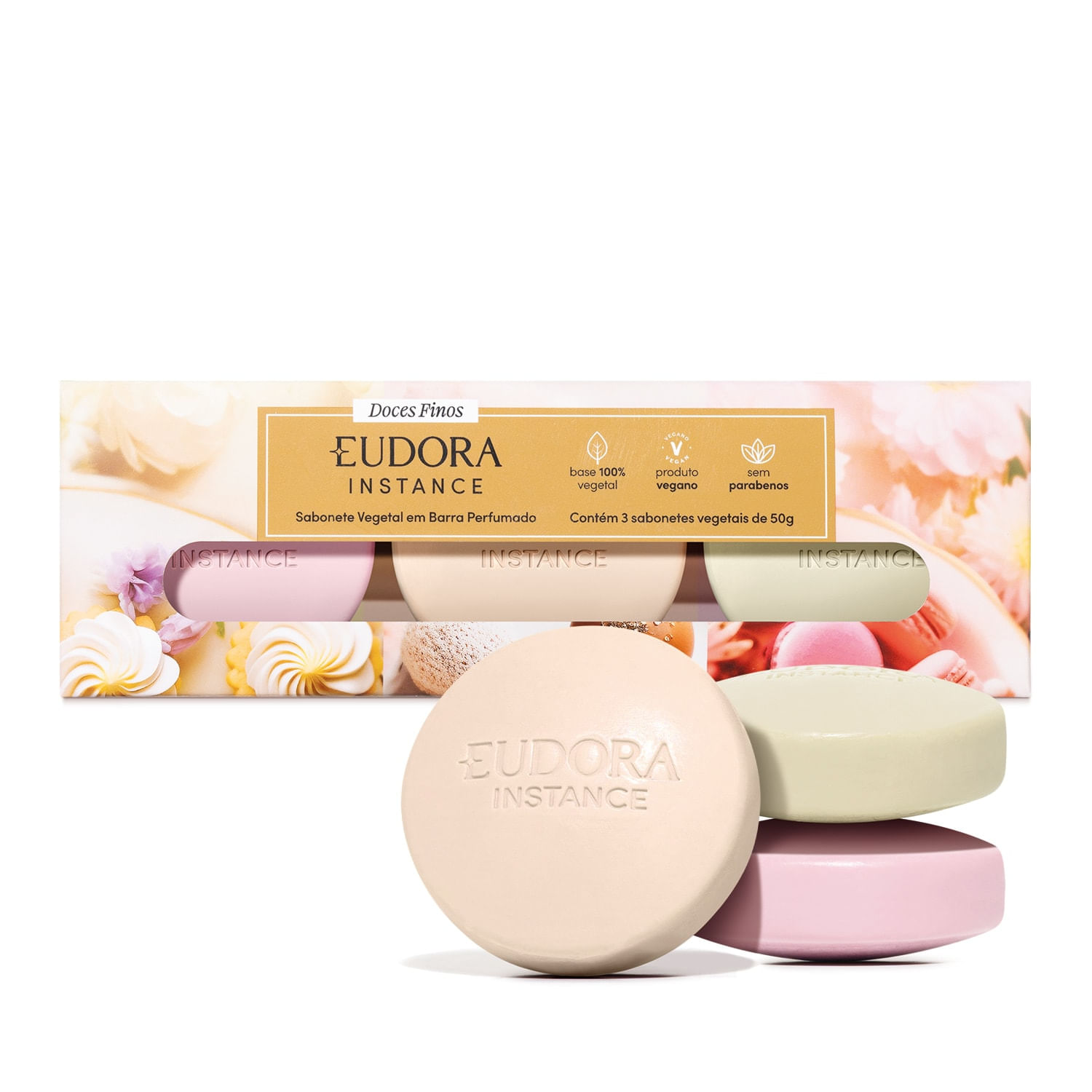 Kit Sabonete Eudora Instance: Tartelete de Limão 50g + Bombom de Avelã 50g + Macaron de Framboesa 50g