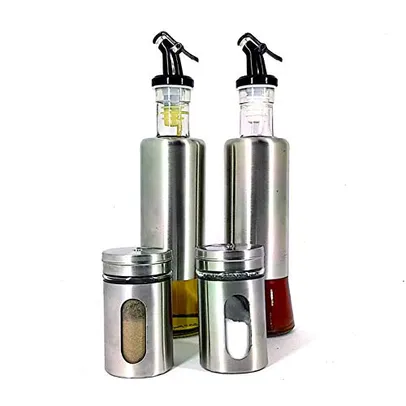 2 PORTA AZEITE E VINAGRE + 2 SALEIRO E PIMENTEIRO ACO INOX - KIT 4 PCS