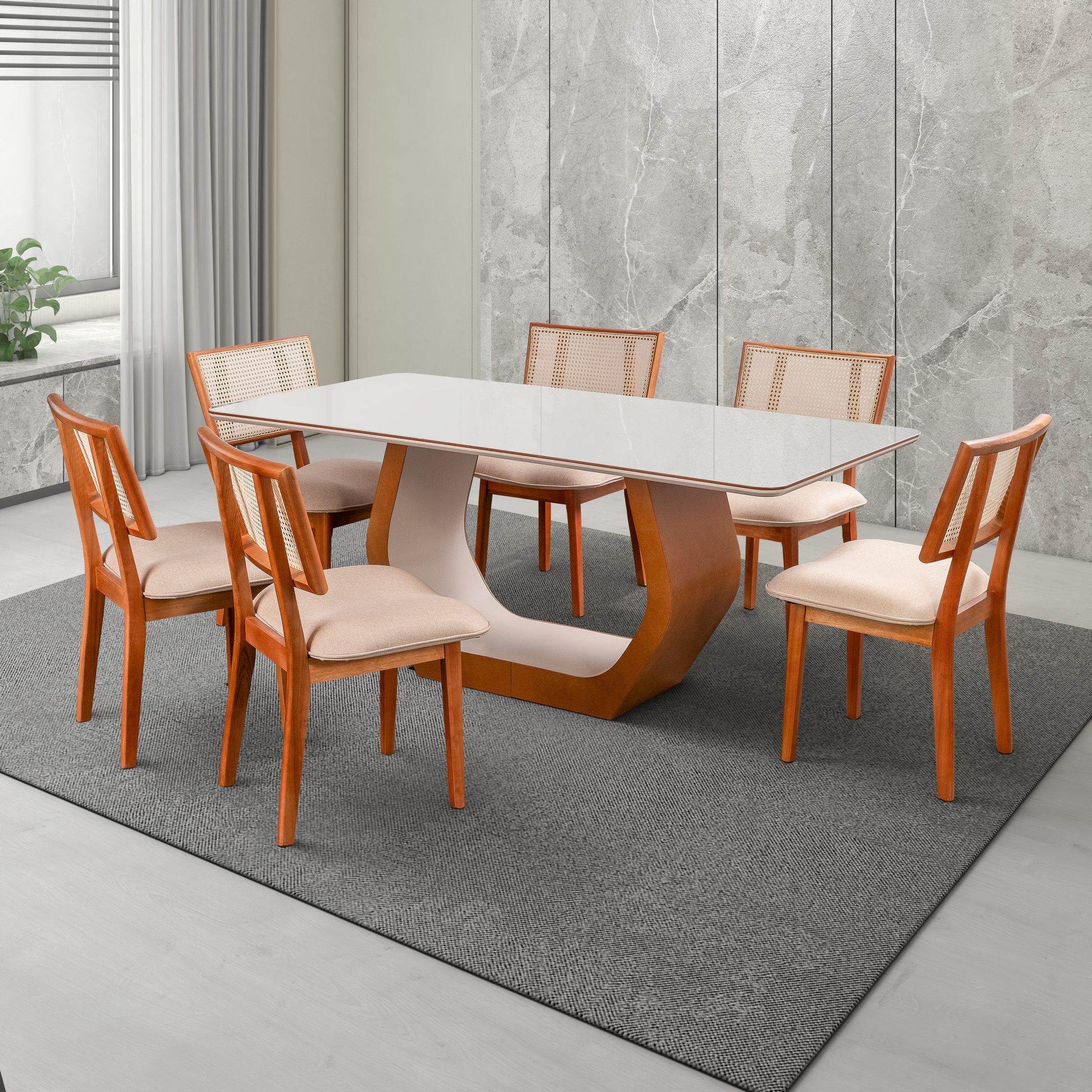 Conjunto Mesa Cristal com 6 cadeiras de Madeira Maciça