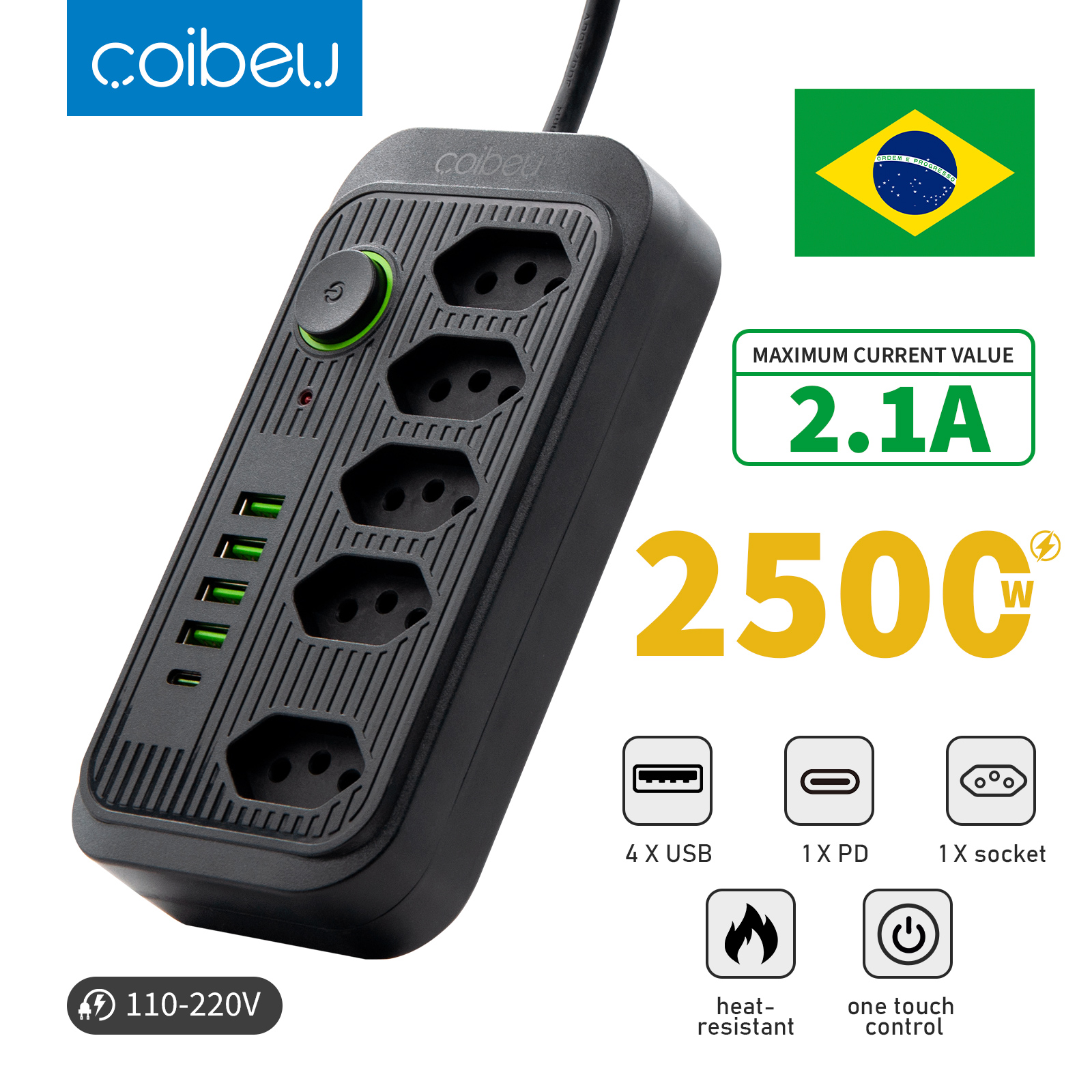 [R$31 MOEDAS]Extensão de Energia COIBEU , 5 Tomadas BR + 5 Portas USB(A/C) 2 Metros #Aliexpress 🇧🇷