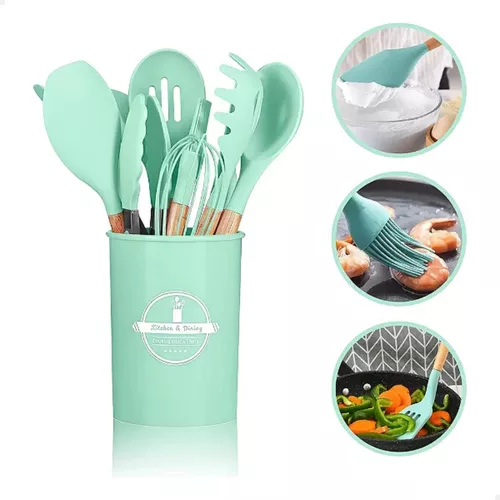 Kit 12 Utensílios De Cozinha Em Silicone E Cabo De Madeira