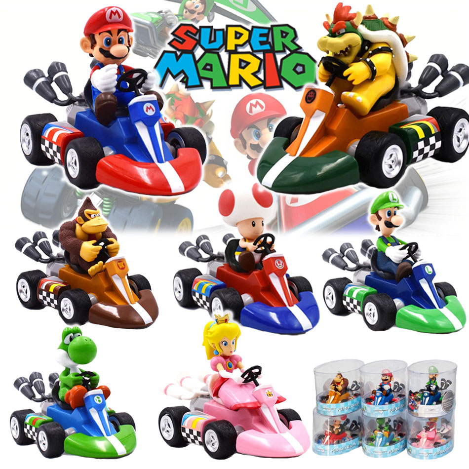 [Taxa Inclusa] Estatuas Super Mario Bros Kart 12cm Action Figure Brinquedos, Luigi Bowser, Princesa Peach, Yoshi Toad, Pull Back Car