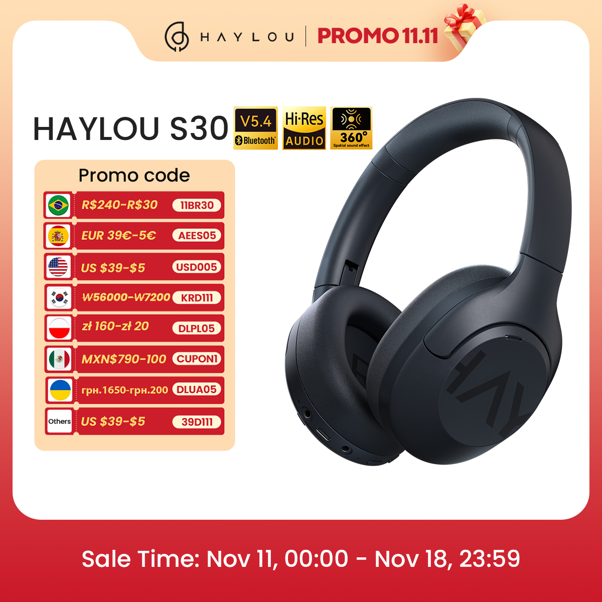 [R$ 114 COM MOEDAS/ GPAY/ TAXA INCLUSA] Fone Bluetooth HAYLOU S30, Bluetooth 5.4, Cancelamento de Ruído, Driver de 40MM