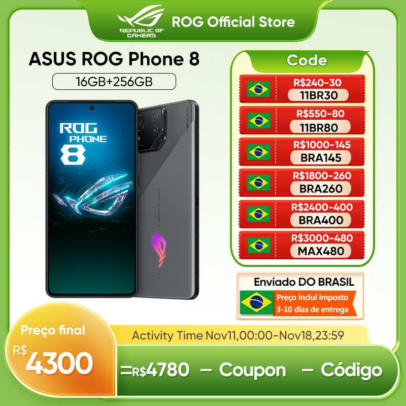 (NO BRASIL) Smartphone ASUS ROG Phone 8 256GB 5G Snapdragon 8 Gen 3 16GB Ram Tela 6,78" AMOLED 165Hz Câm Tripla 50MP+32MP