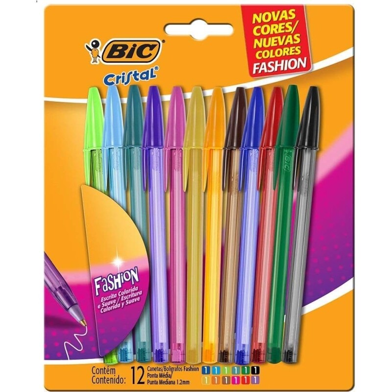 Canetas Coloridas Bic Cristal Fashion 12 Cores Vibrantes Ponta Esferográfica Média de 1.2mm Escrita Suave