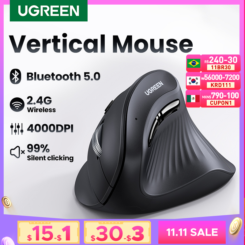 Mouse Vertical Sem Fio Bluetooth 5.0 2.4G Ergonômico 4000DPI 6 Botões UGREEN