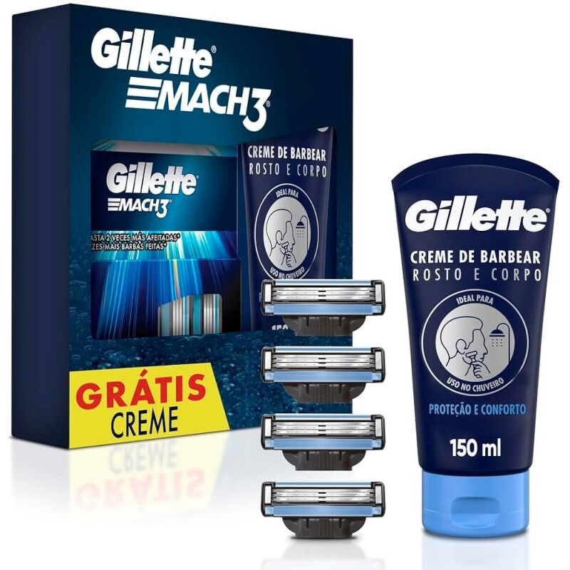 1 Kit Gillette Mach3 Carga para Aparelho 4 Uds + Gillette Creme de Barbear Rosto e Corpo 150mL