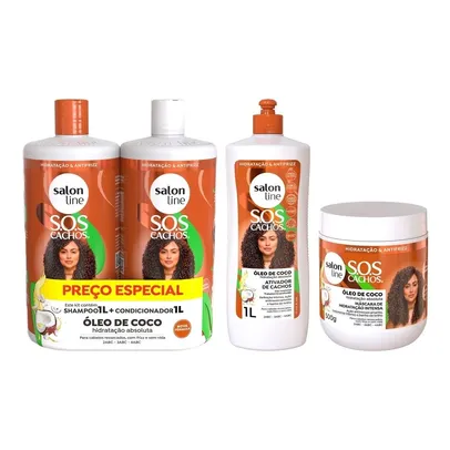 Kit com Ativador de Cachos + Máscara de Hidratação + Shampoo e Condicionador SOS Cachos Coco Salon Line