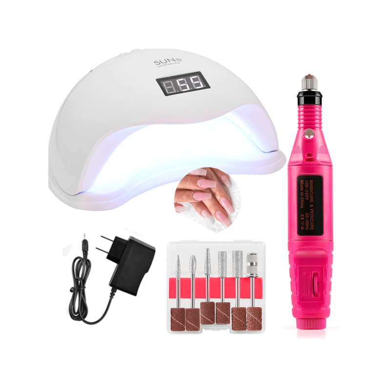 Kit Cabine Sun 5 48w Uv/led + Lixadeira Caneta Lixa Motor Unha Elétrica Profissional Bivolt